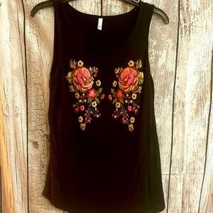 LSL Black tank with larger arm openings, embroidered flowers. Size L EUC